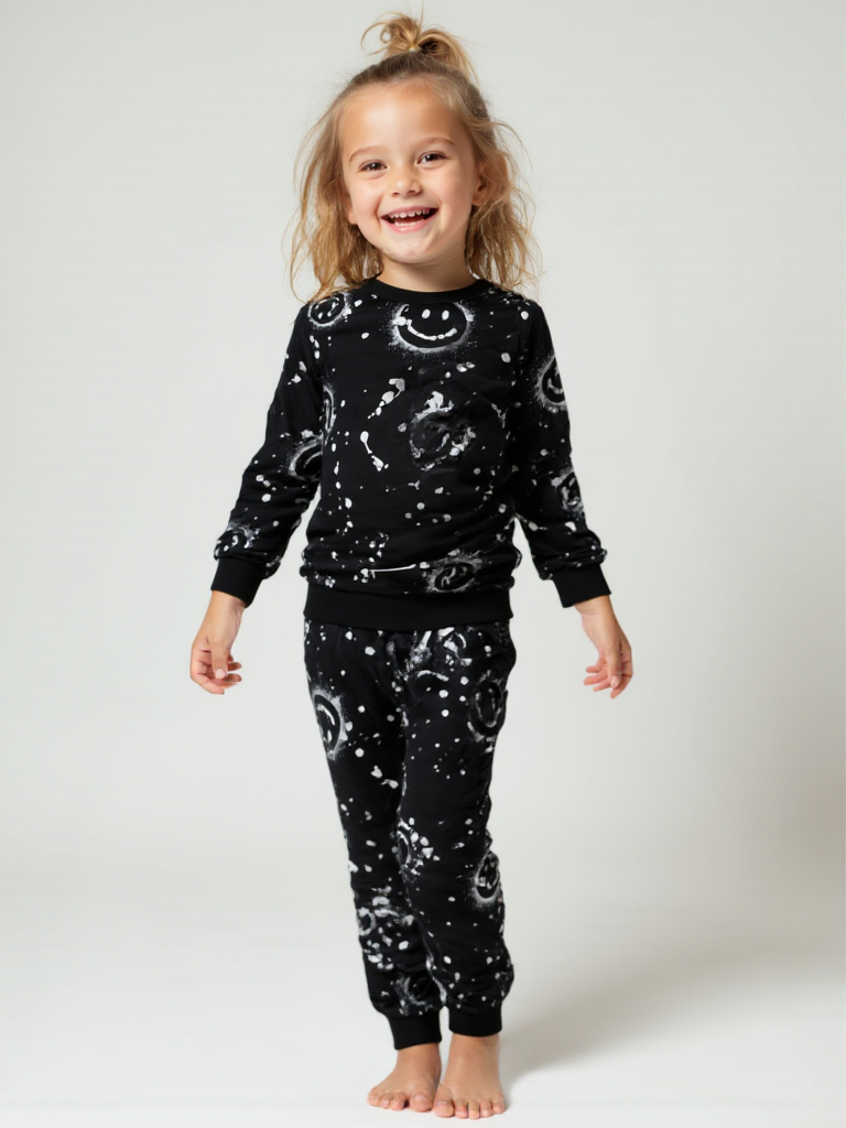 Black Smiley Face Girl's Fall Set – Trendy Two-Piece Outfit for Kid