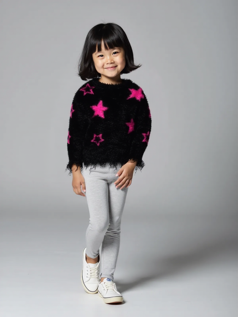 Girls' Black Eyelash Knit Sweater with Pink Stars | Cozy & Stylish