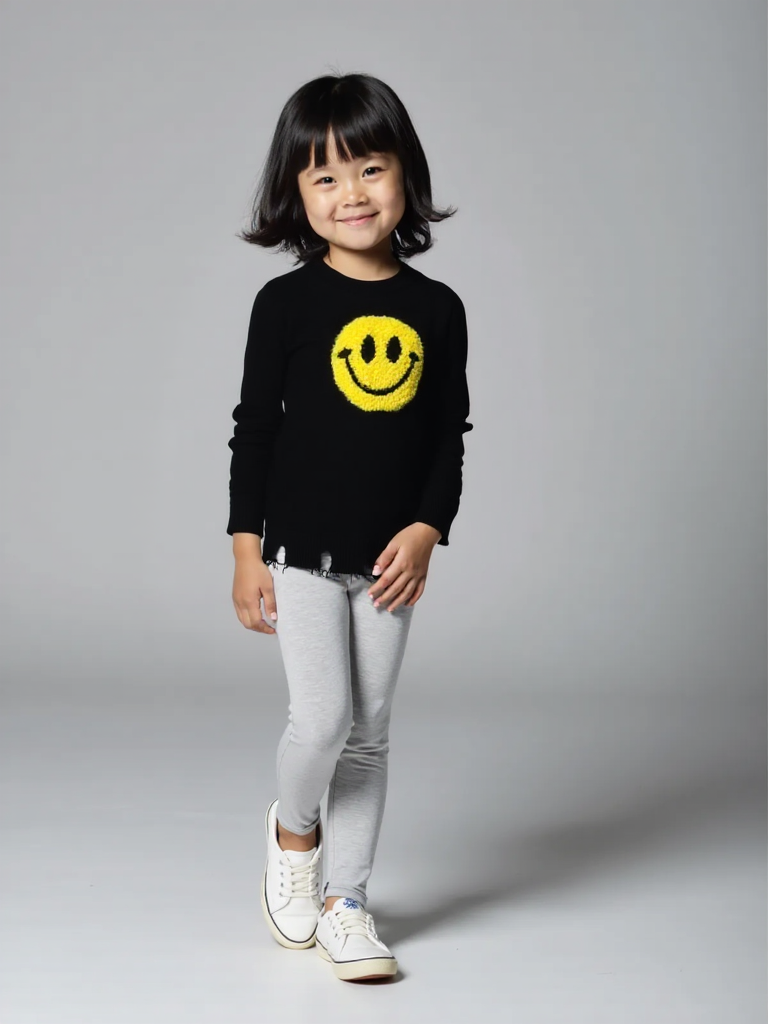 Girls' Black Smiley Face Sweater with Distressed Hem |
