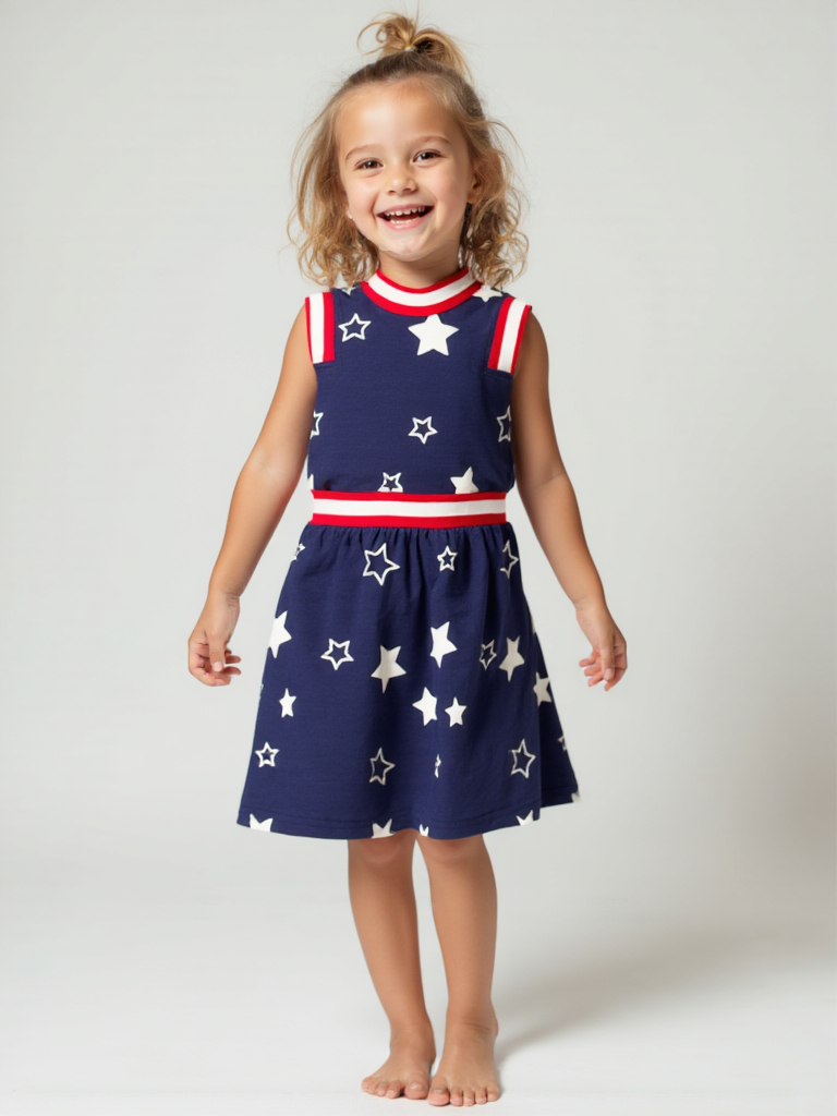 Girls' Sleeveless Navy Dress with White Star Print and Patriotic Red Trim β Summer Party Outfit
π« Product Description
Add a touch of starry charm to her wardrobe with this girls' sleeveless navy dress, designed with a crisp white star print and eye-catching red and white striped accents. The lightweight, breathable fabric makes this dress a perfect choice for summer playdates, family outings, or 4th of July celebrations.
Featuring a fitted bodice with contrasting trim around the neckline and sleeves, plus