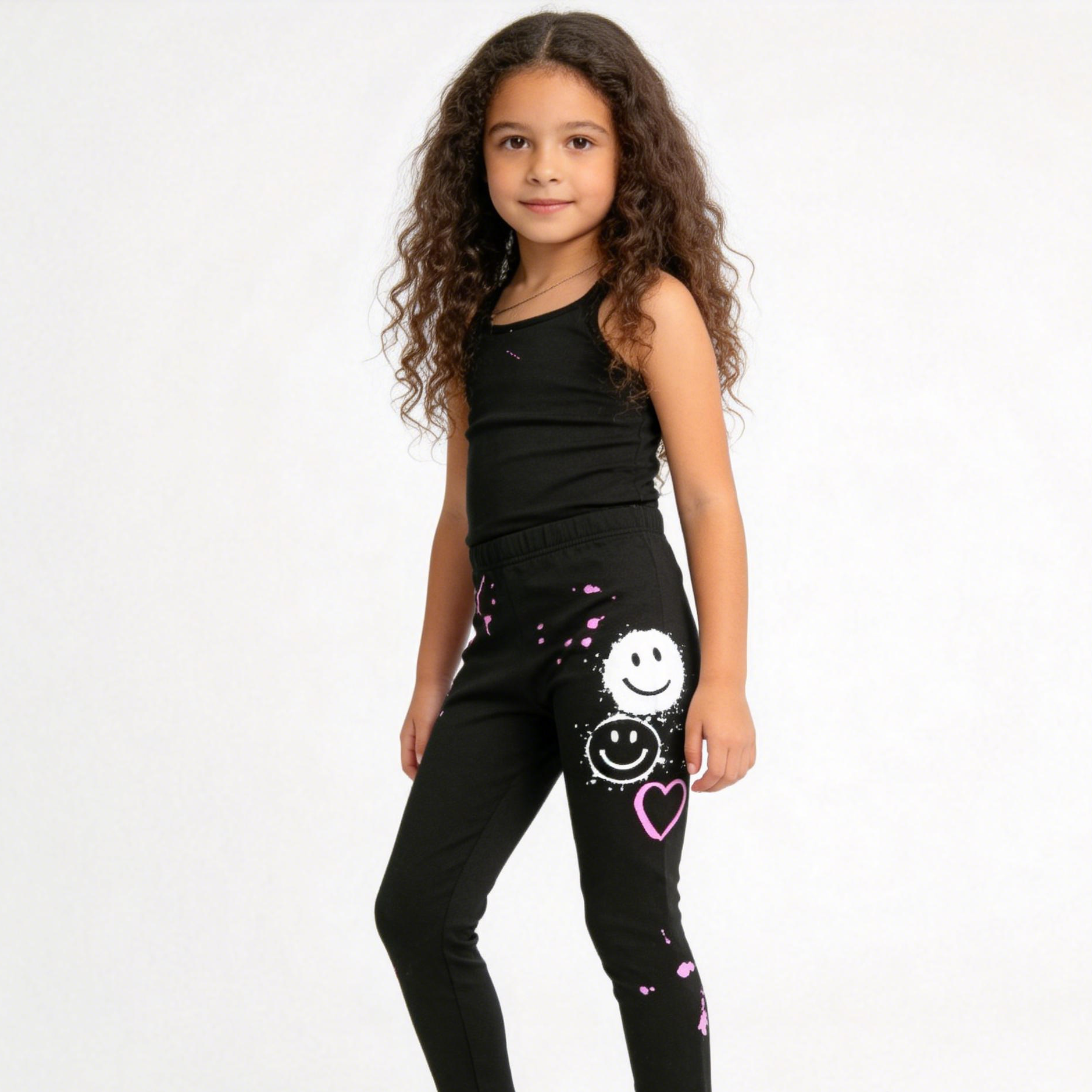 Kapital K Girls Black Pink Smiley Face Paint Splatter Leggings