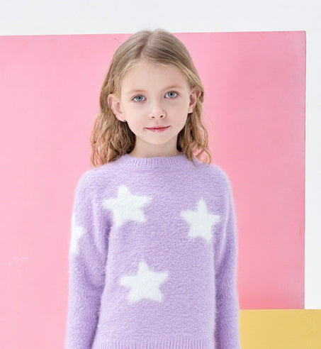 Girls' Lavender Fluffy Knit Sweater with White Stars