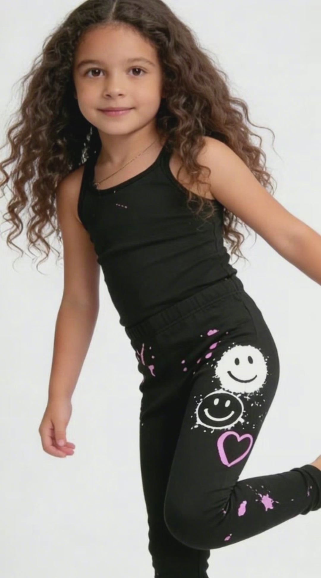 Kapital K Girls Black Pink Smiley Face Paint Splatter Leggings