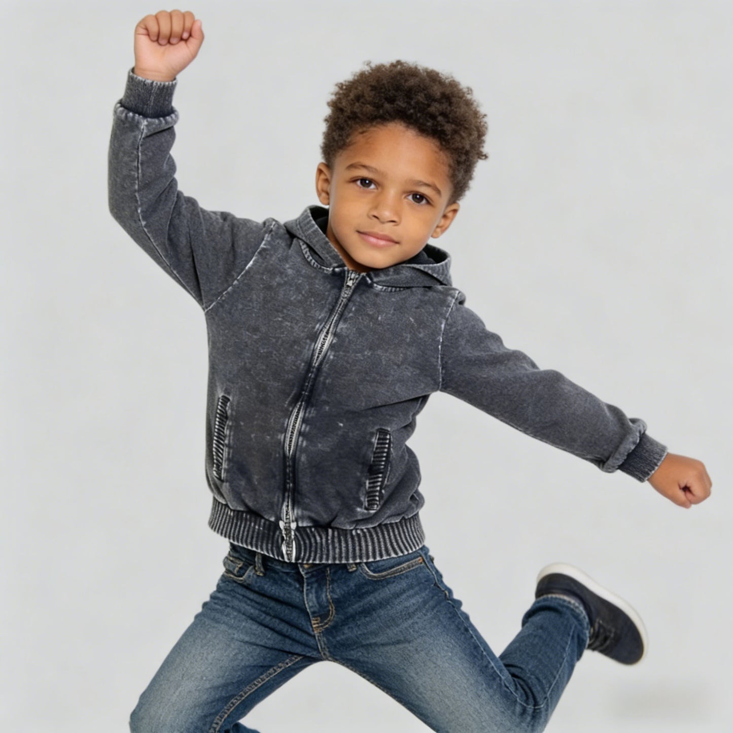 Kapital K black mineral wash fleece zip hoodie for boys, sizes 3/6M to 5