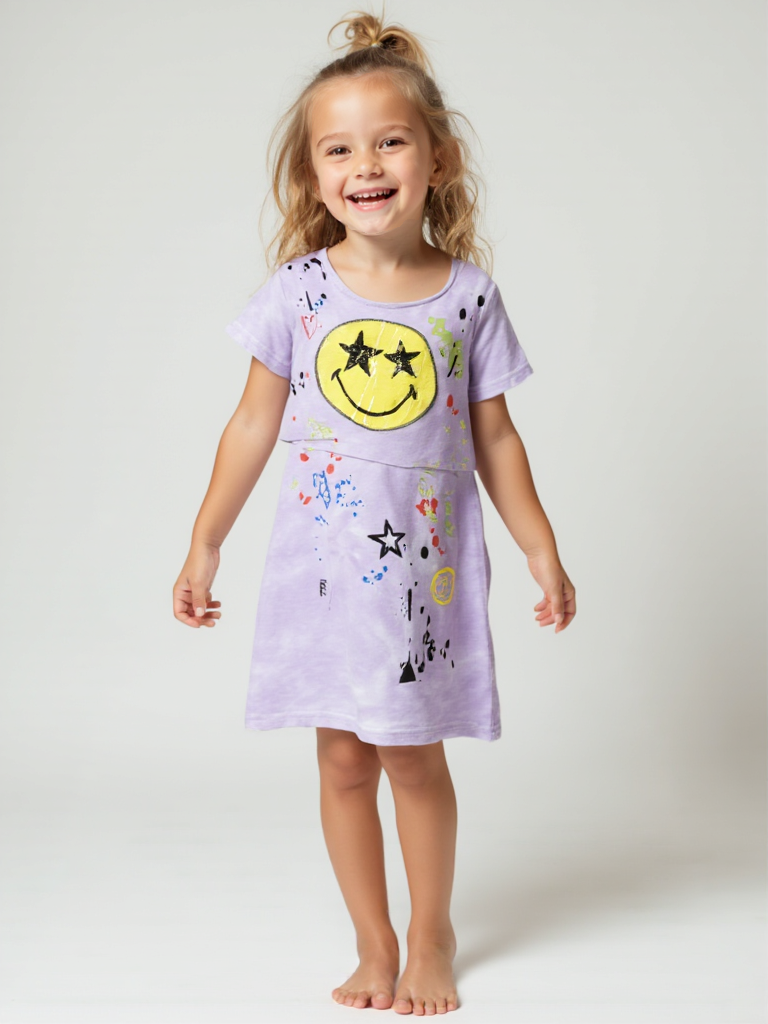 Girls' Purple Tie-Dye Dress with Smiley Face Print – Splash Color Allover Design