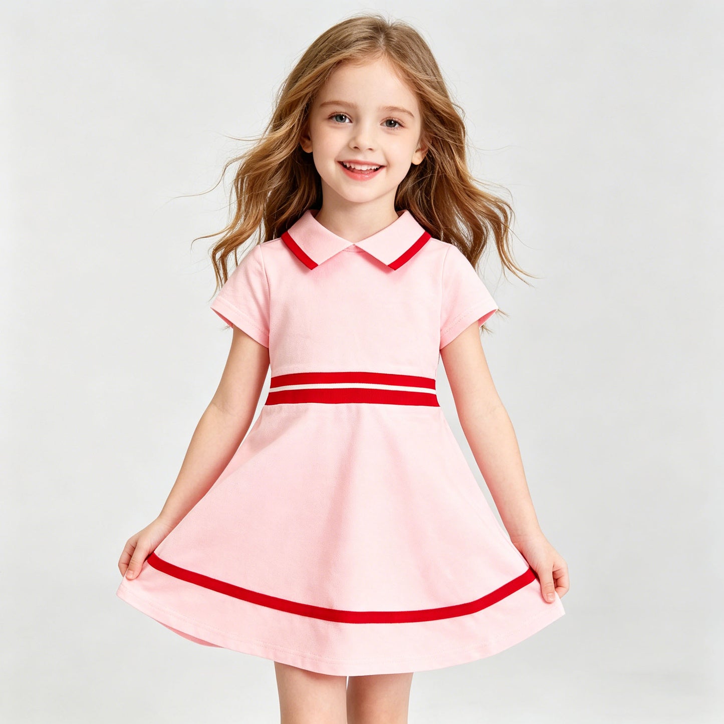 
                  
                    Kapital K Girls Pink Polo Dress, 2T-6X, Short Sleeve Collared Dress with Red Striped Accents
                  
                