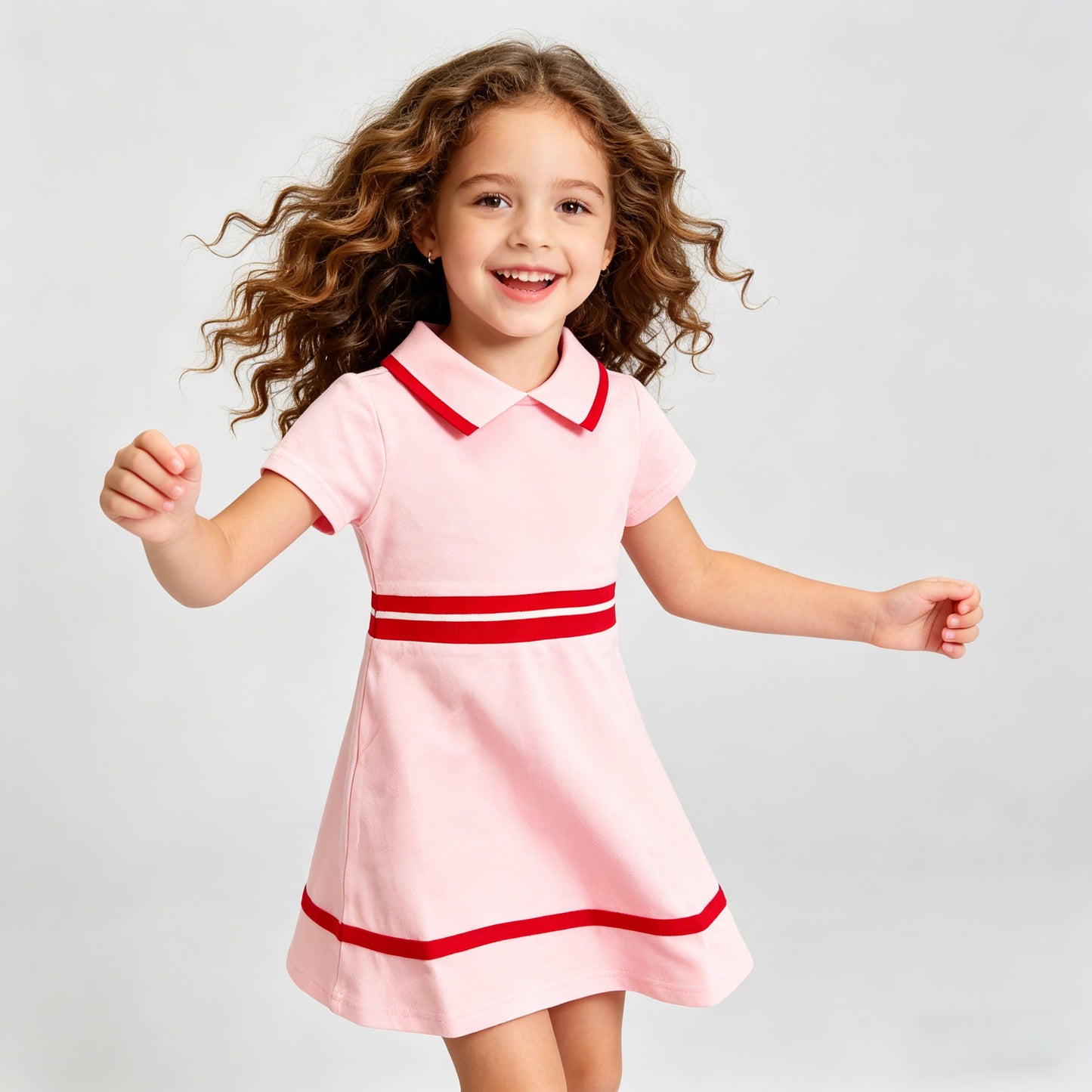 
                  
                    Kapital K Girls Pink Polo Dress, 2T-6X, Short Sleeve Collared Dress with Red Striped Accents
                  
                
