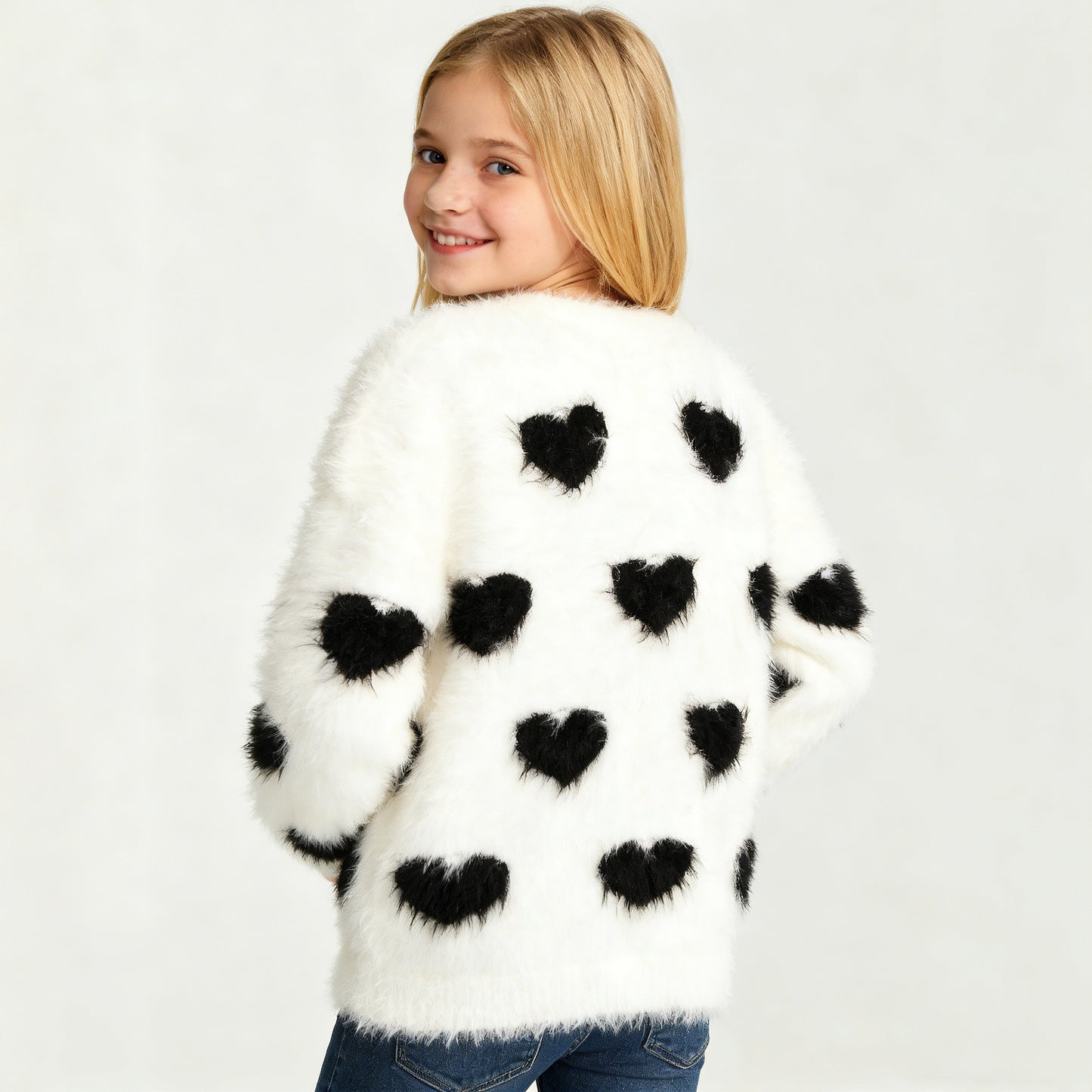 girls-fuzzy-heart-print-sweater-ivory-black-soft-plush-kids-winter-pullover
