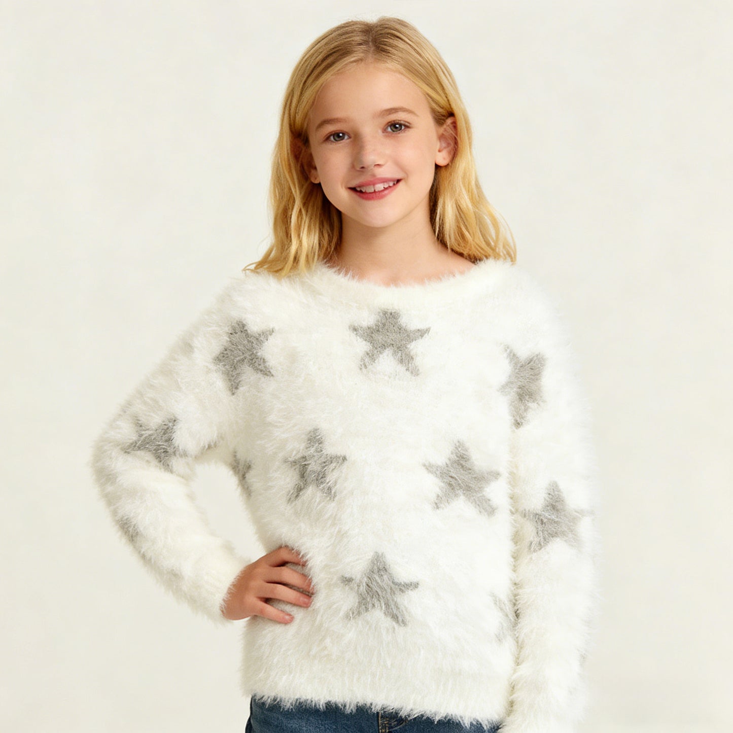 girls-fuzzy-star-print-sweater-ivory-gray-soft-plush-kids-winter-pullover
