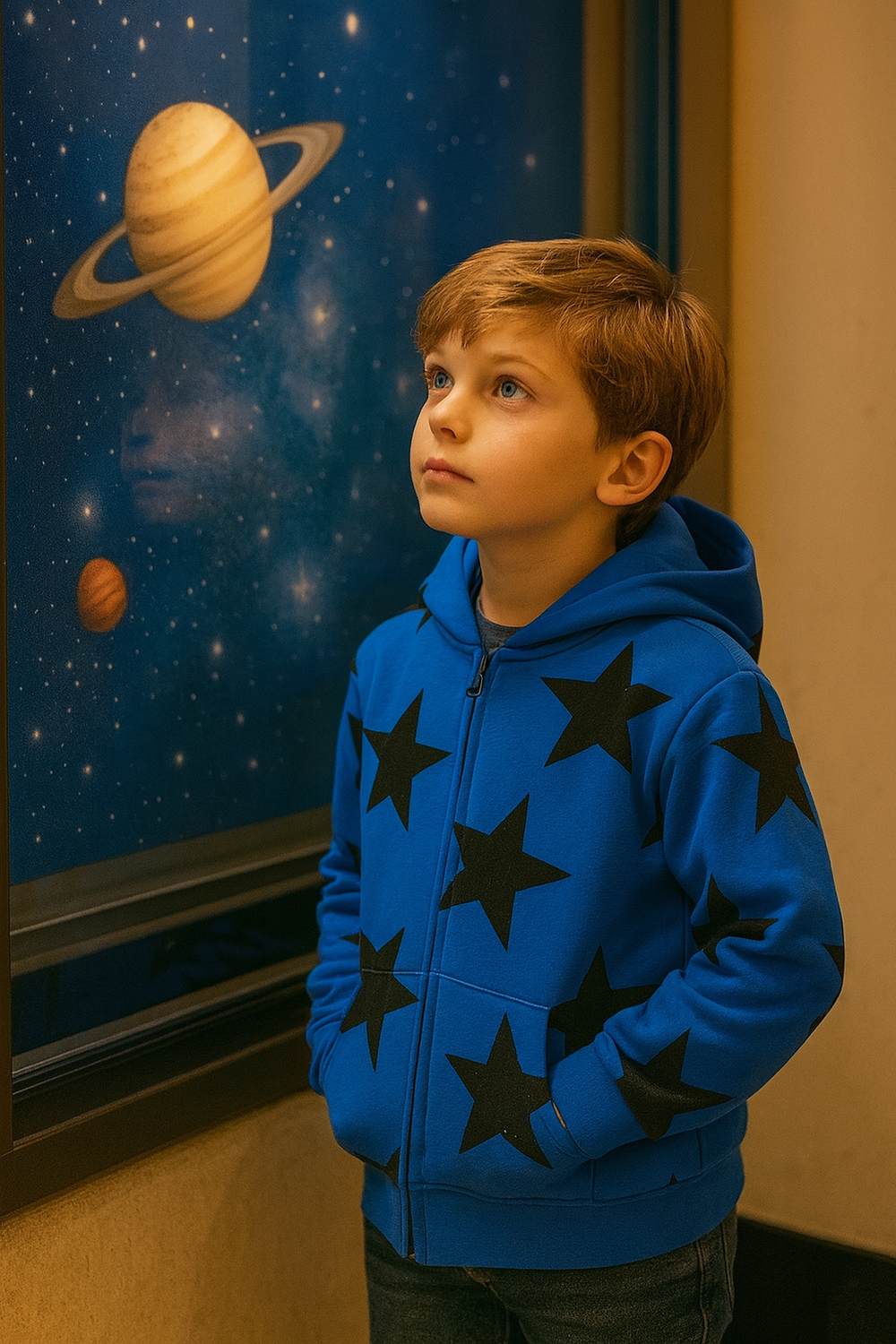 Boys' Bright Blue Star Hoodie Jacket Cozy Zip-Up Winter Outerwear