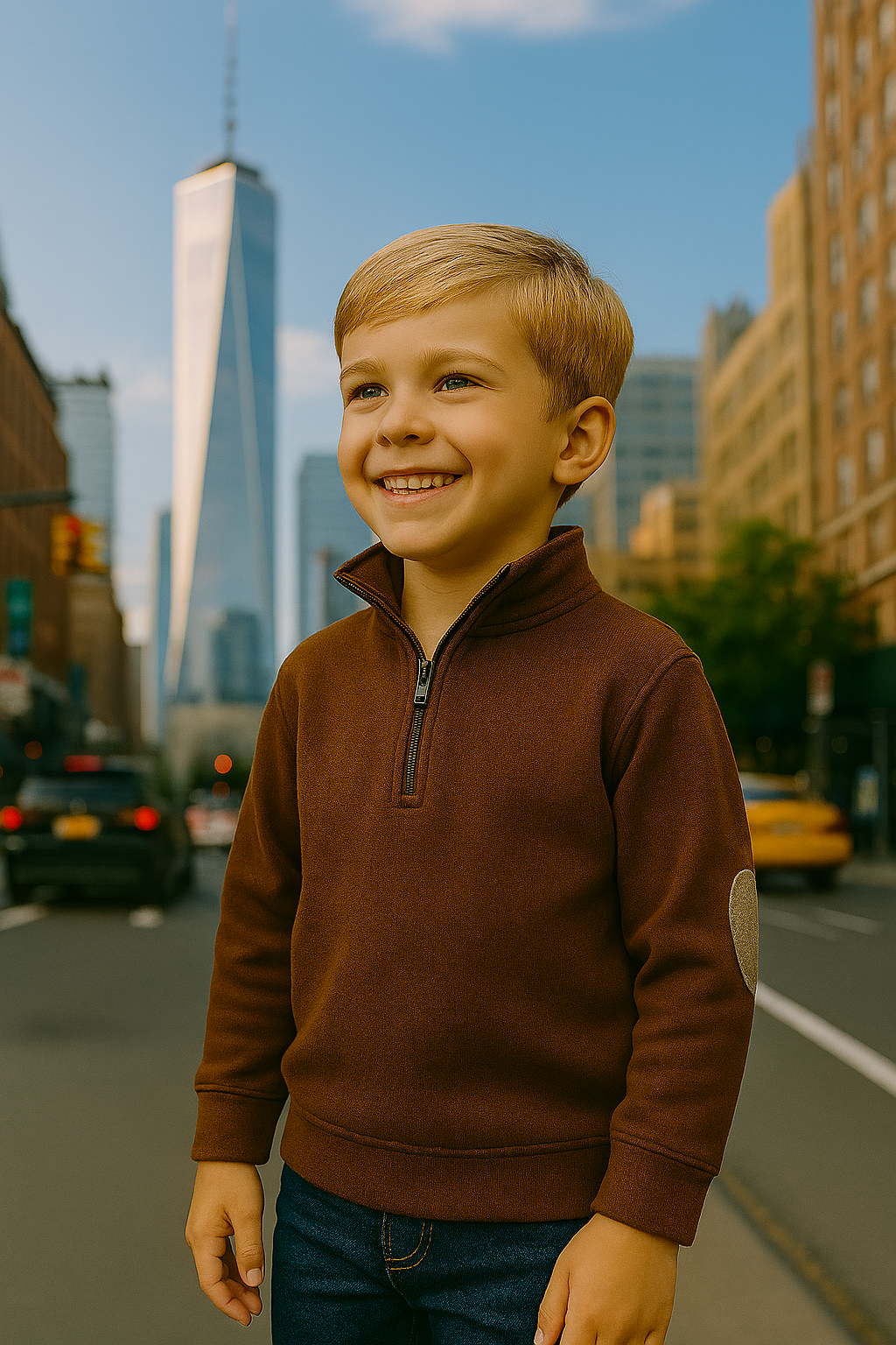 Boys brown quarter-zip pullover with gray elbow patch and high collar, displayed on white background