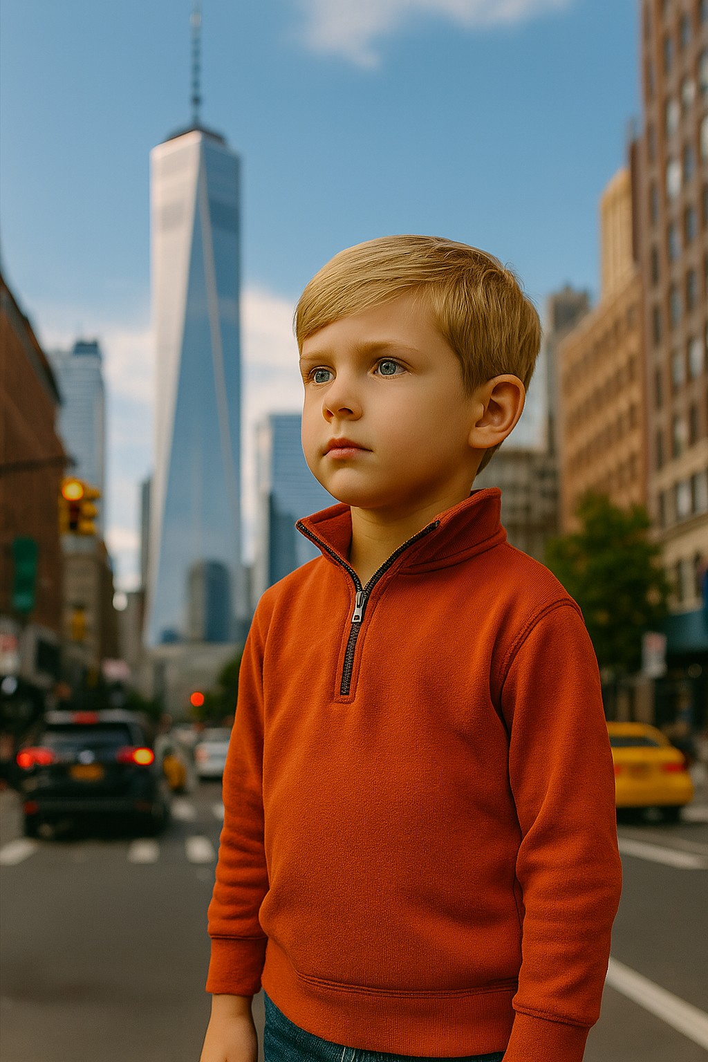 
                  
                    Burnt orange boys’ quarter-zip sweater with stand-up collar and dark brown elbow patch, laid flat

                  
                