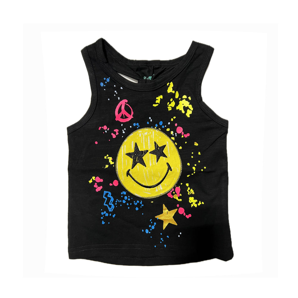 Girl' Black Tank Top – Smiley Face, Star & Peace Sign Print | Summer Graphic Shirt
