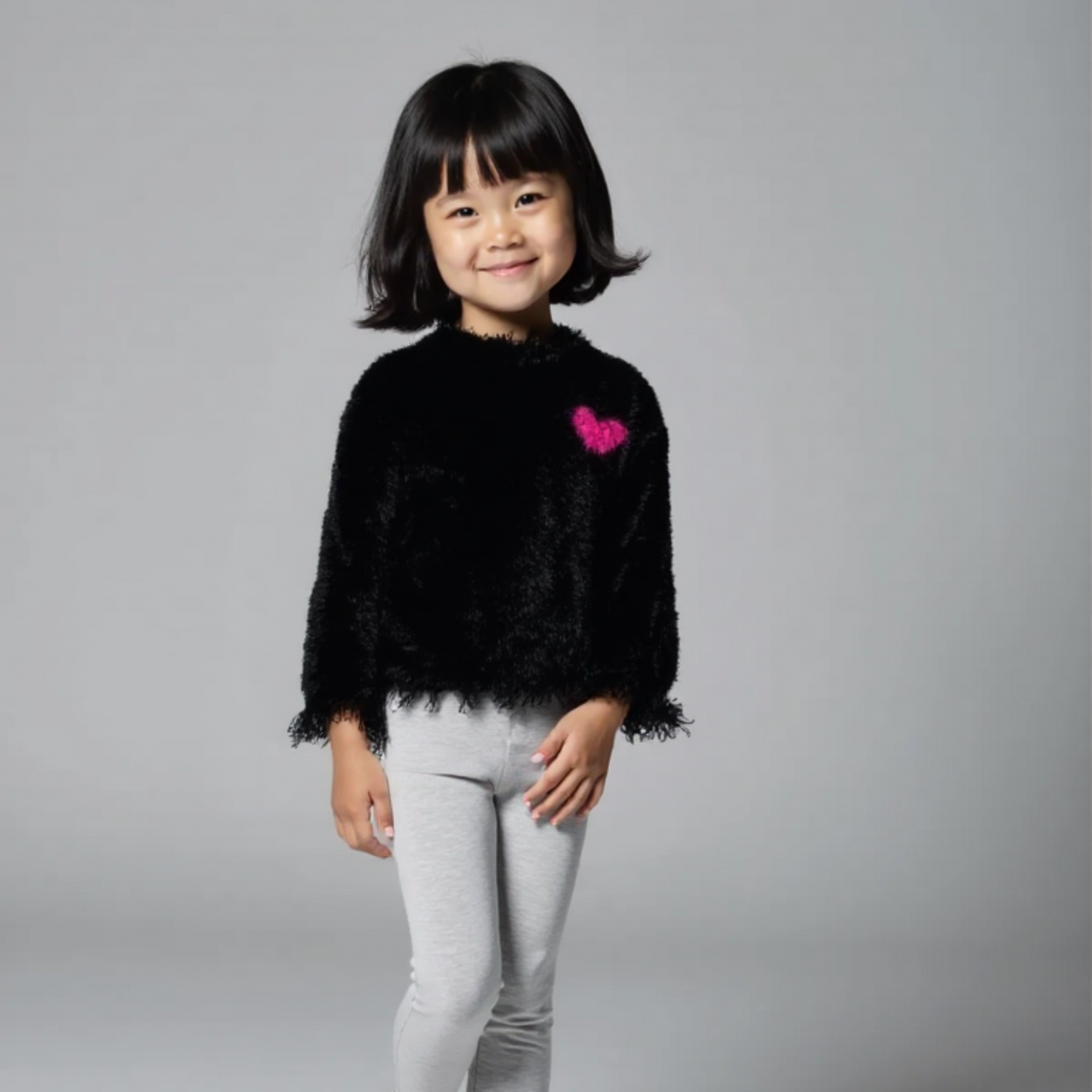 Girls' Black Eyelash Knit Sweater with Pink Heart | Cozy & Trendy