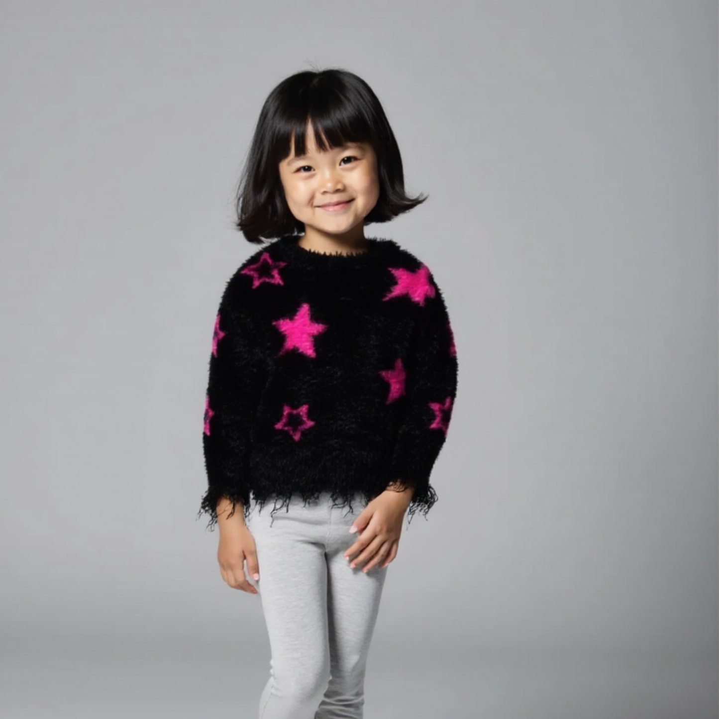 Girls' Black Eyelash Knit Sweater with Pink Stars | Cozy & Stylish