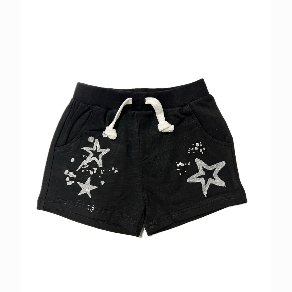 Girls Black Pull-On Shorts – Metallic Star Print, Comfy Summer Lounge Shorts

