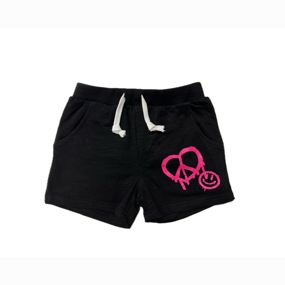 Girls’ Black Shorts with Pink Smiley Face, Heart Peace Symbol & Rhinestone Accents – Cute Summer Pull-On Shorts