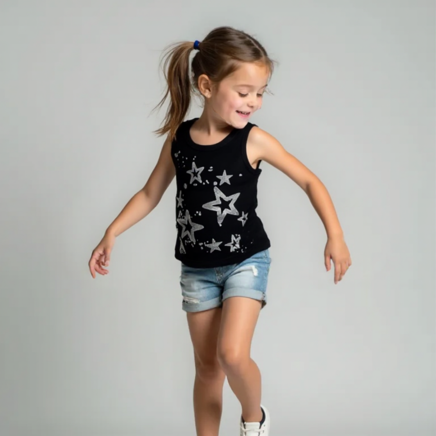 Girls' Black Sleeveless Summer Top – Metallic Silver Star Print Tank