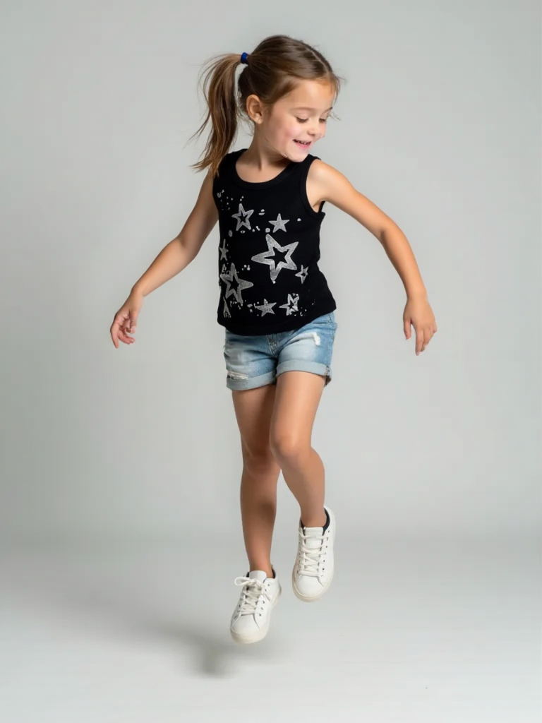 Girls' Black Sleeveless Summer Top – Metallic Silver Star Print Tank