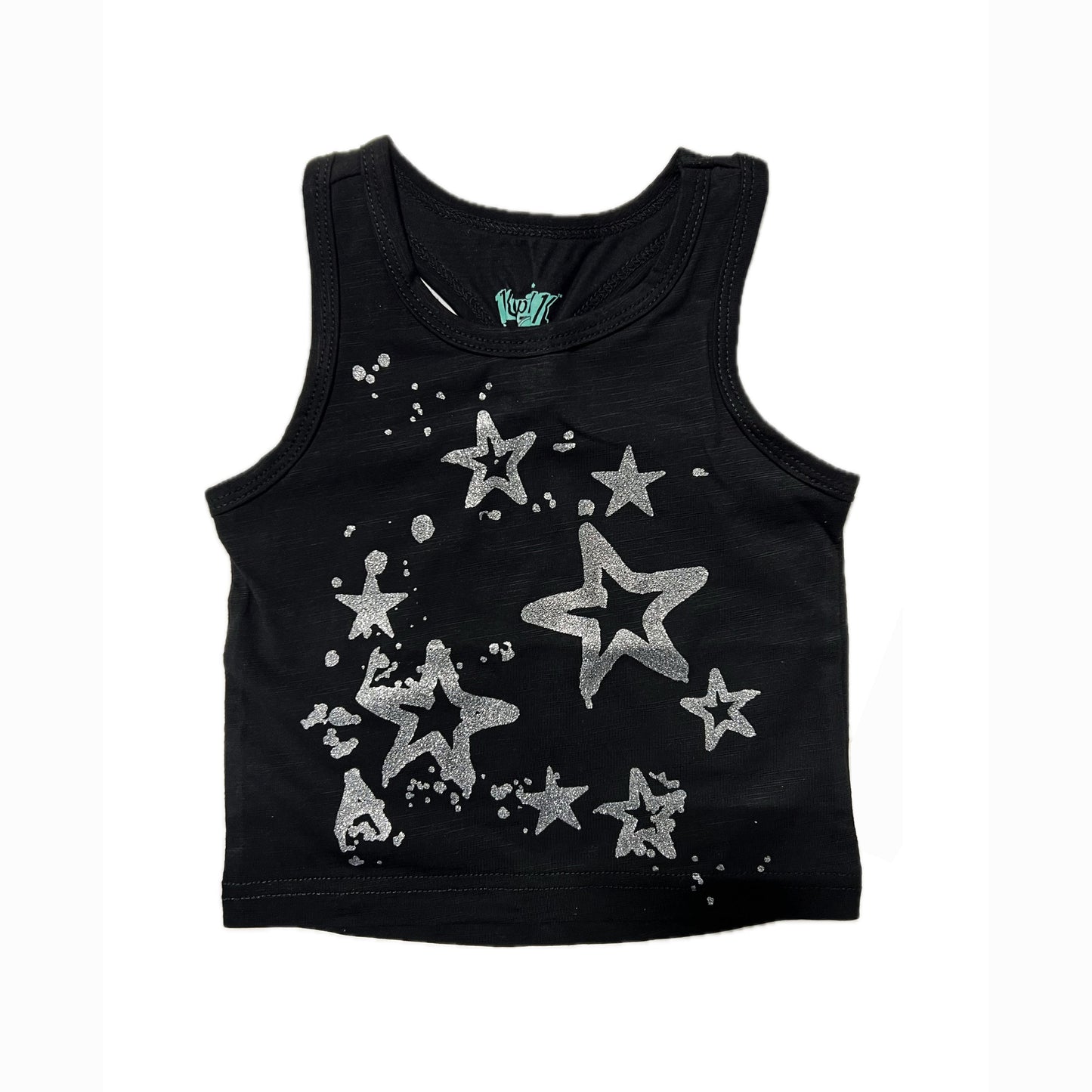 Girls' Black Sleeveless Summer Top – Metallic Silver Star Prints Tank