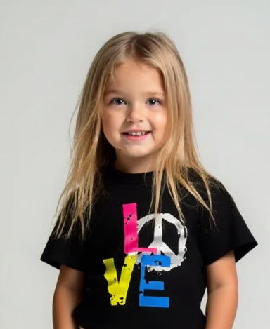 Girls' Black Summer T-Shirt – Colorful LOVE Graphic Tee with Asymmetrical Hem