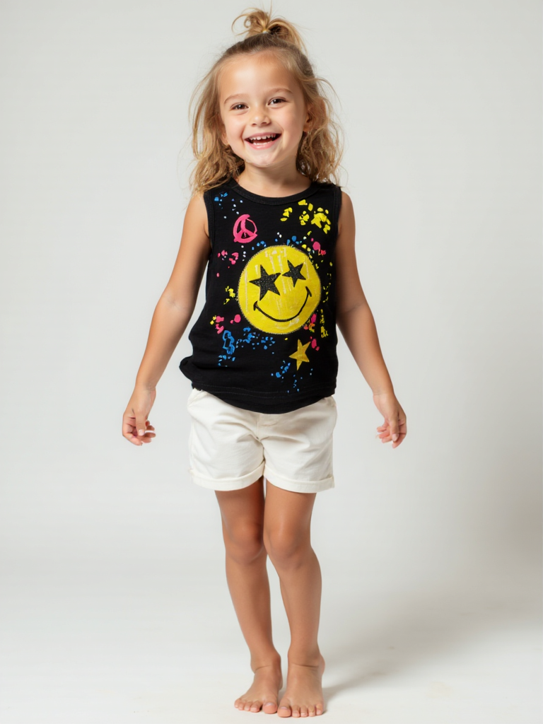 Girls' Black Tank Top – Smiley Face, Star & Peace Sign Print | Summer Graphic Shirt