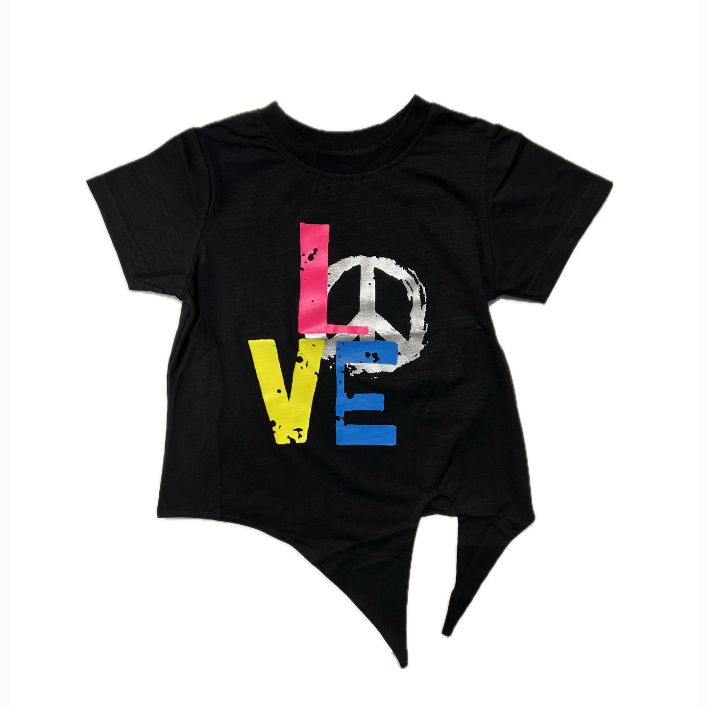 Girls' Black Summer T-Shirt – Colorful LOVE Graphic Tee with Asymmetrical Hem