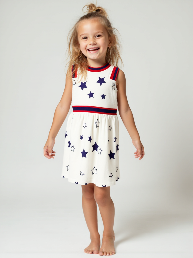 girls white dress, star print girls dress, patriotic summer outfit, toddler dress with stars, sleeveless girls cotton dress, red white blue dress girl, kids summer party outfit, breathable girls twirl dress, trendy 4th of July kids fashion, girls dress with striped trim