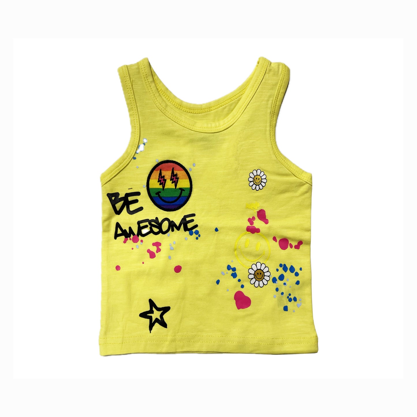 Girls' Yellow Summer Tank – Smiley Face, Sunflower & Splash Dot Print