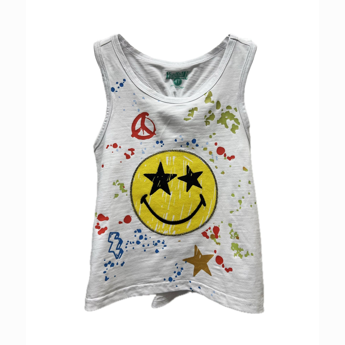 Girls white tank top with smiley face, red peace symbol, black star eyes, gold star, and colorful splash dot prints on front