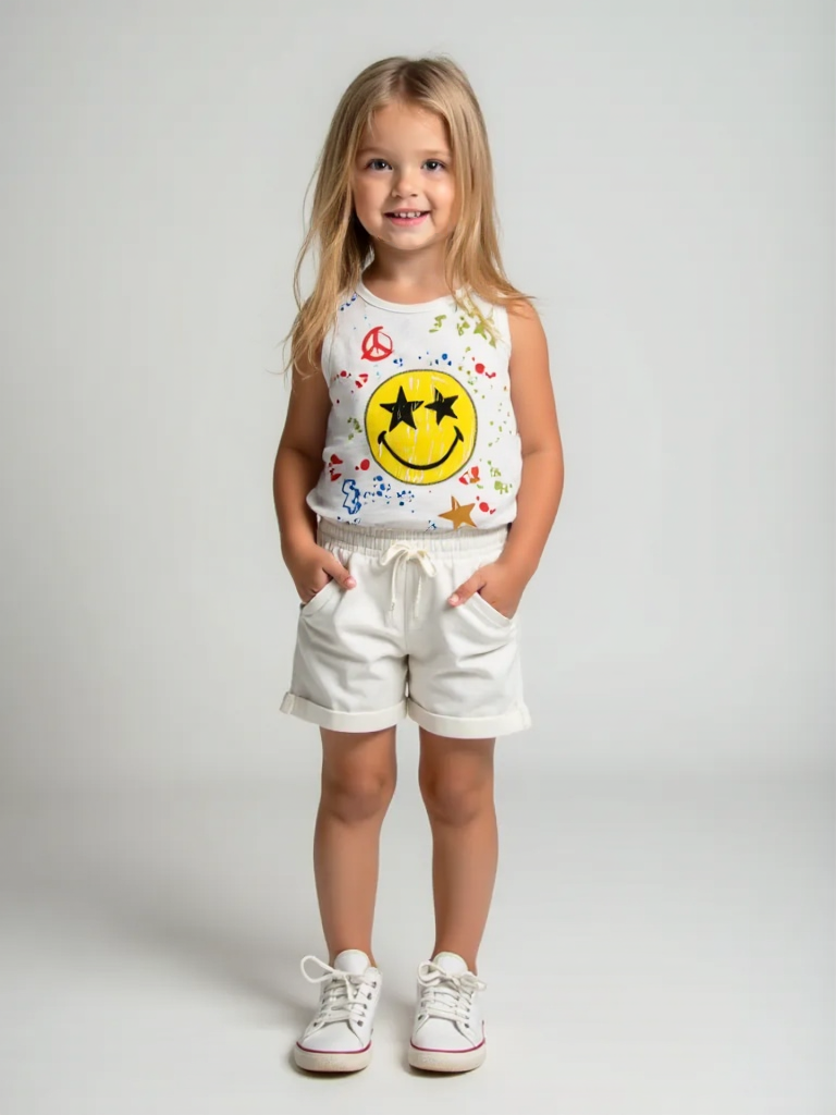 Girls white tank top with smiley face, red peace symbol, black star eyes, gold star, and colorful splash dot prints on front