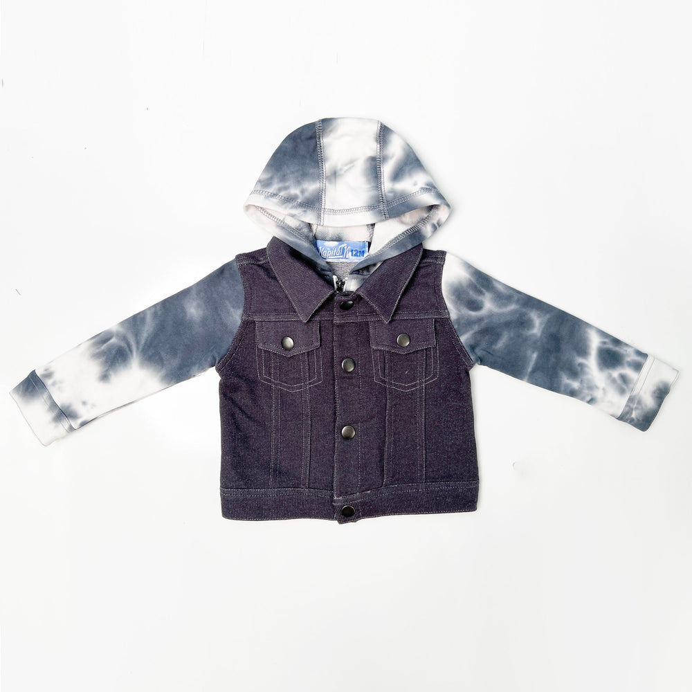 Knit Denim Hooded Jean Jacket with Contrast Sleeves