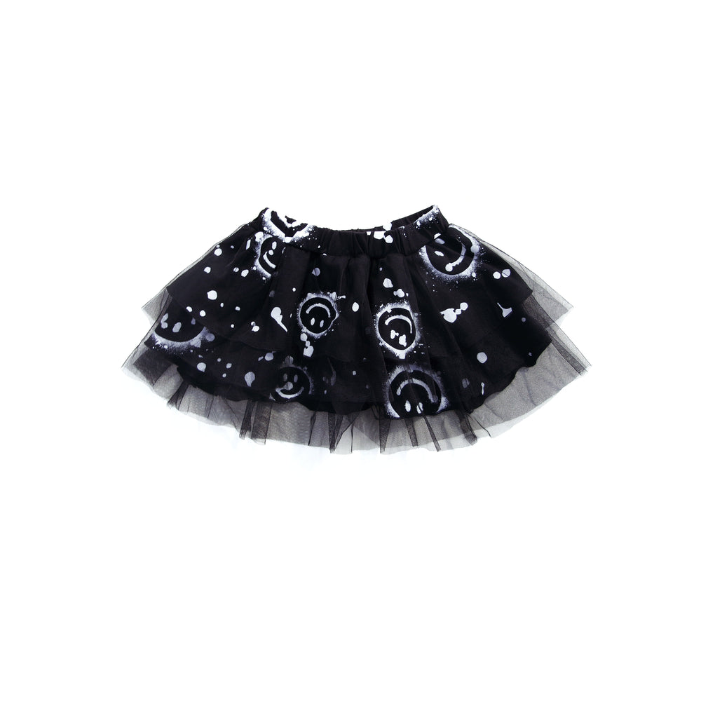 Girls' Black Tulle Skirt with Smiley Face Print