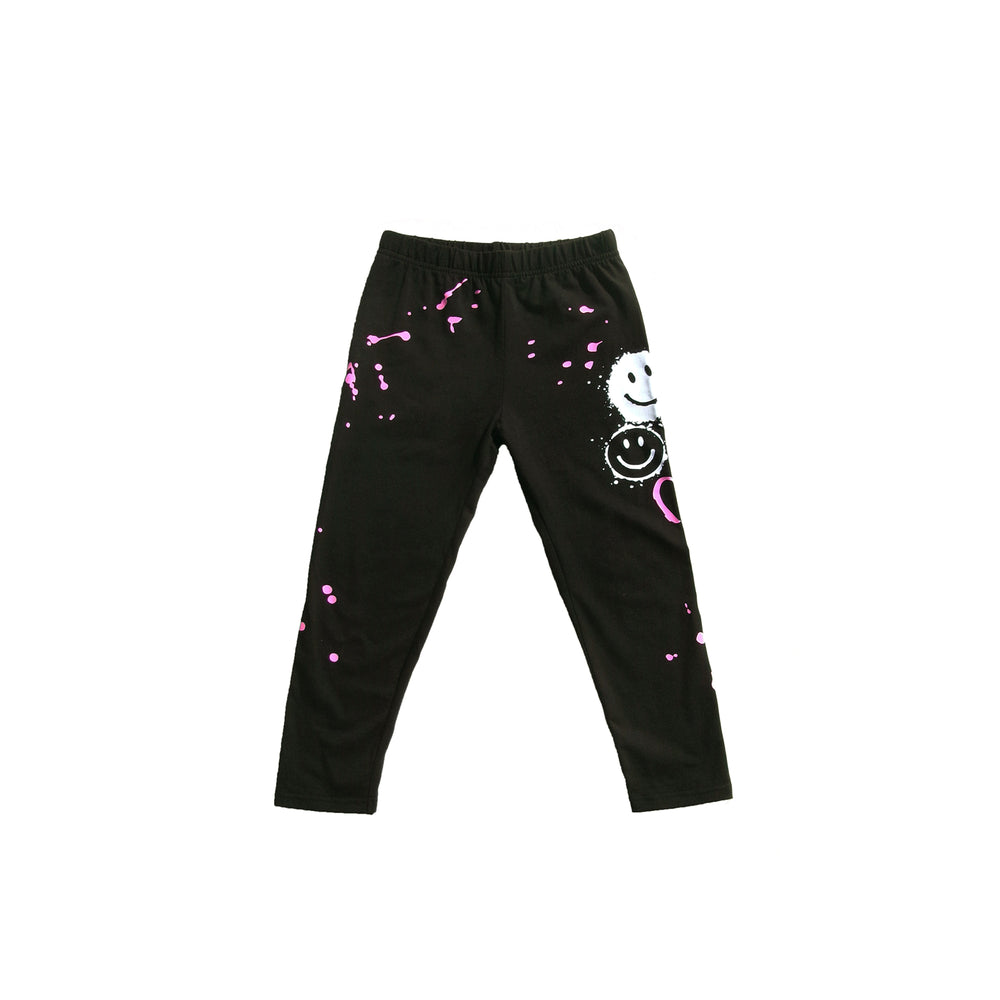 Girls' Black Leggings with Pink Smiley Face & Splatter Print