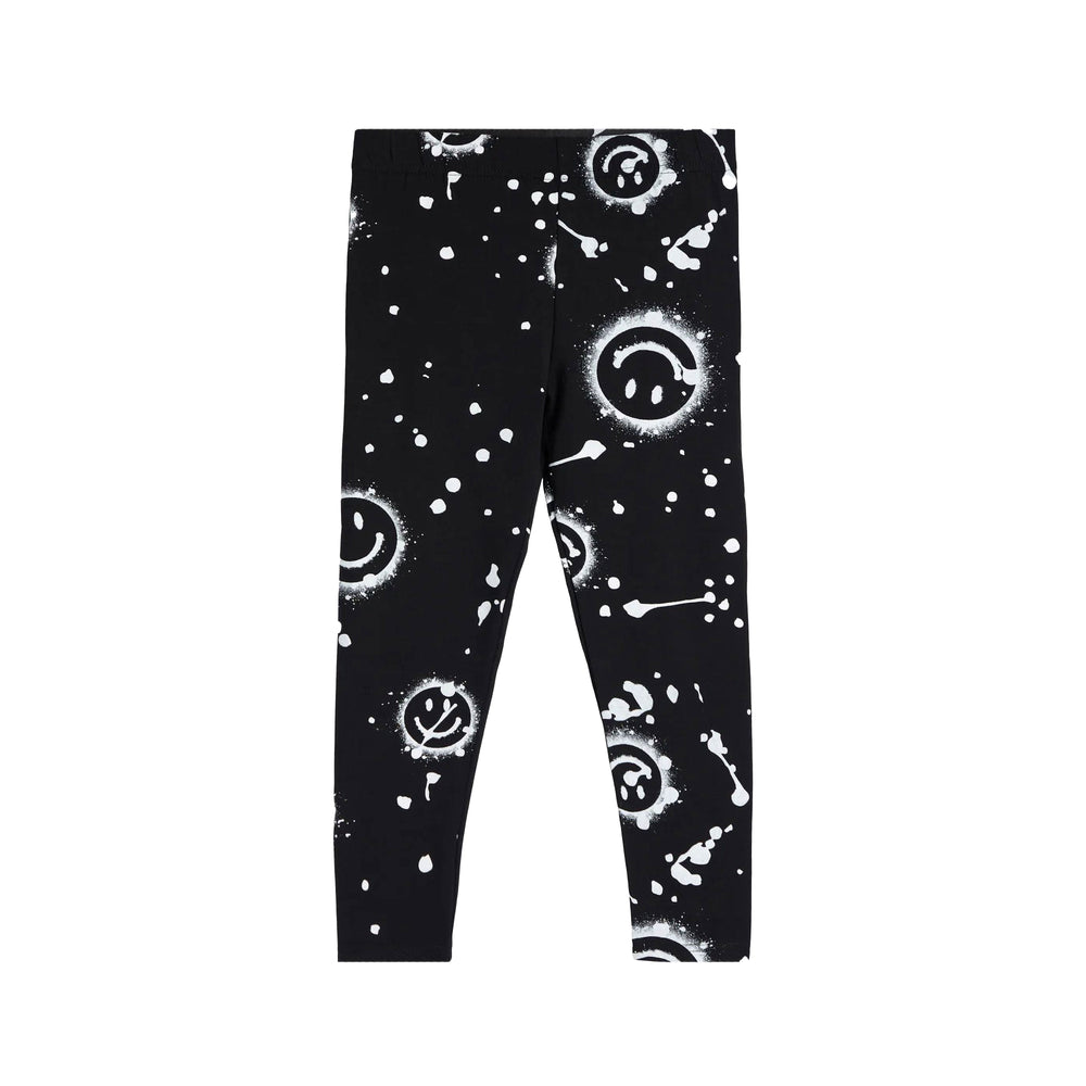 Girls' Black Leggings with White Smiley Face & Splatter Print