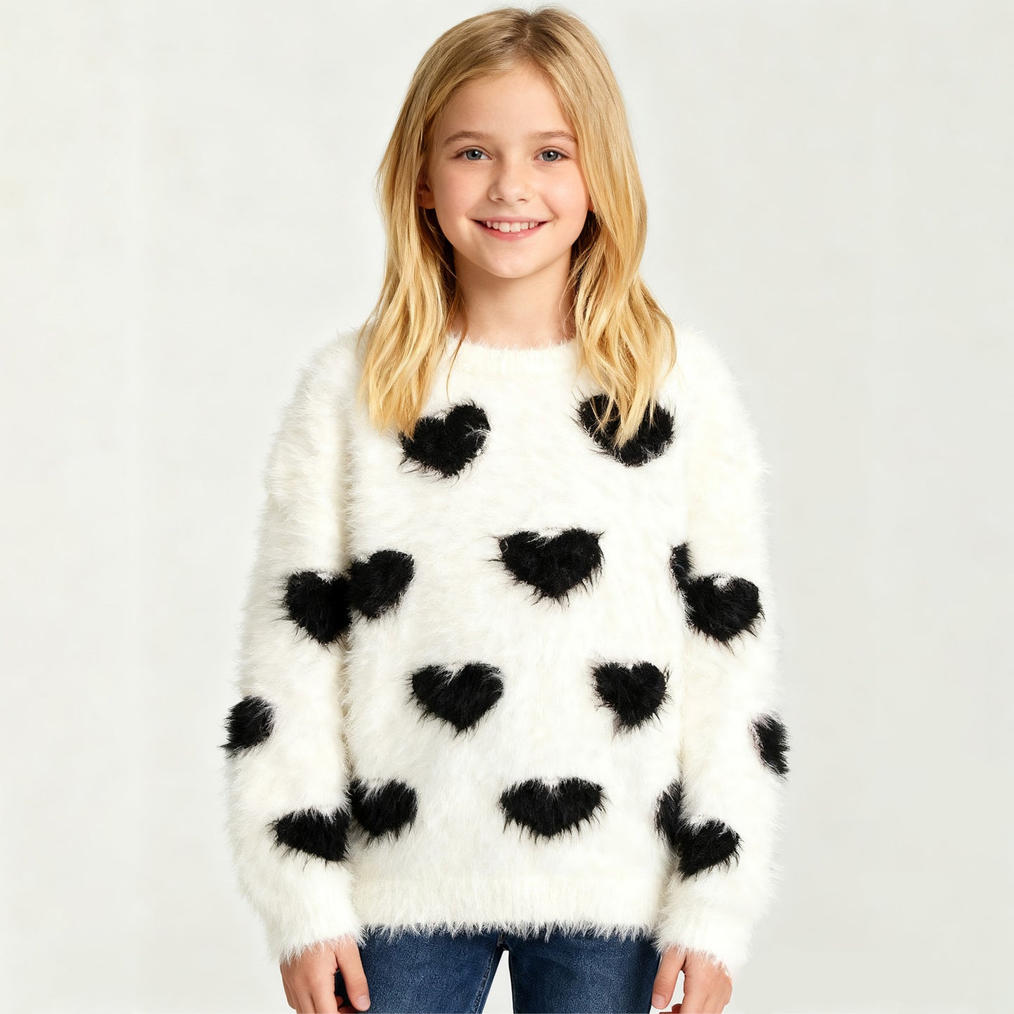 girls-fuzzy-heart-print-sweater-ivory-black-soft-plush-kids-winter-pullover
