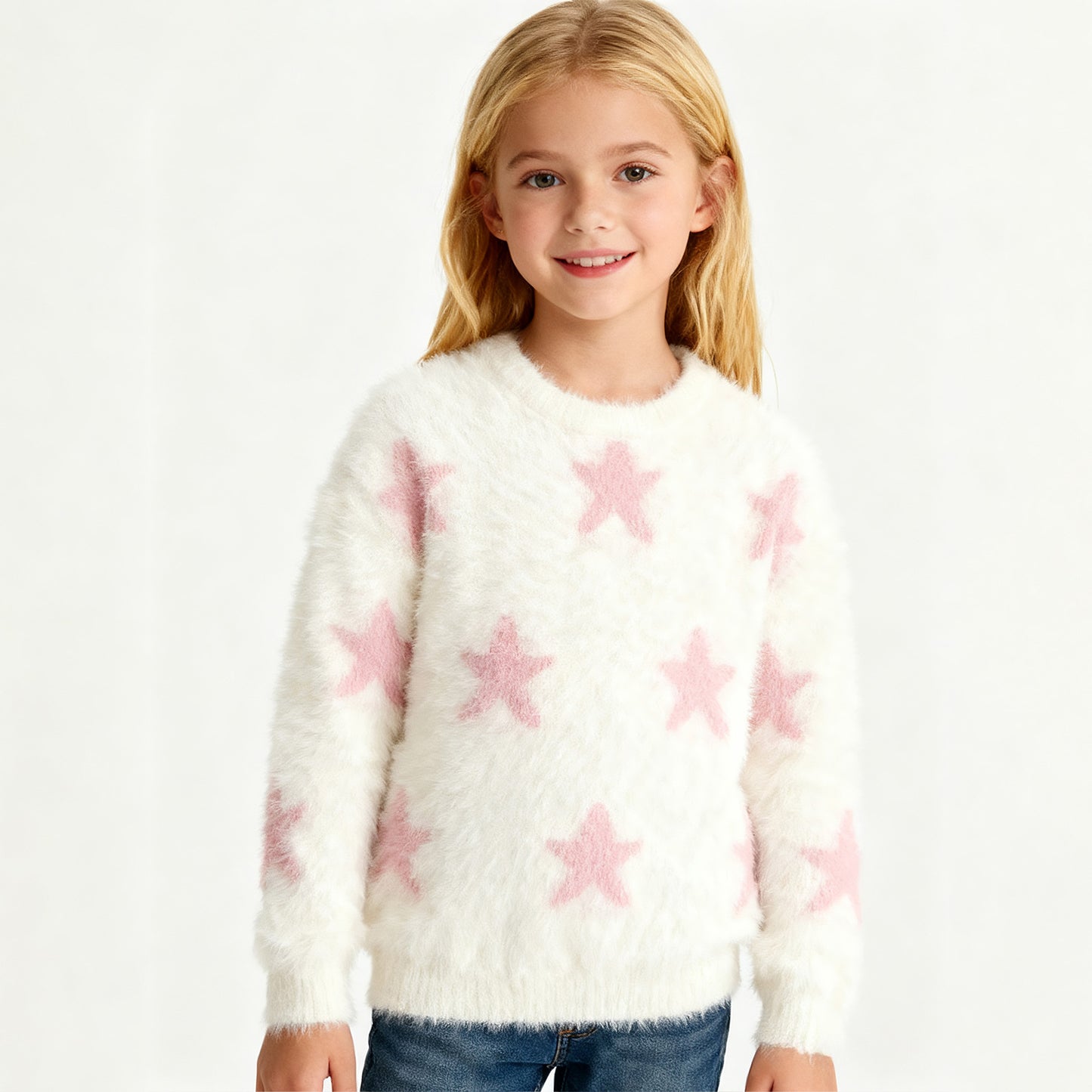 girls-fuzzy-star-print-sweater-ivory-pink-soft-plush-kids-winter-pullover
