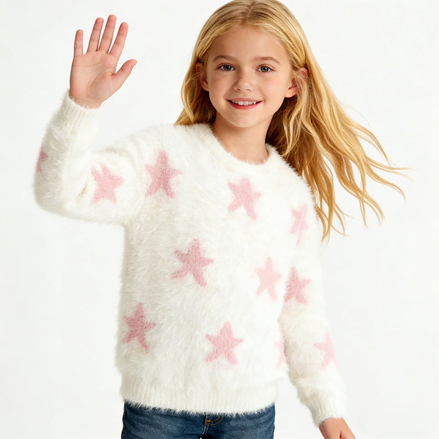 girls-fuzzy-star-print-sweater-ivory-pink-soft-plush-kids-winter-pullover
