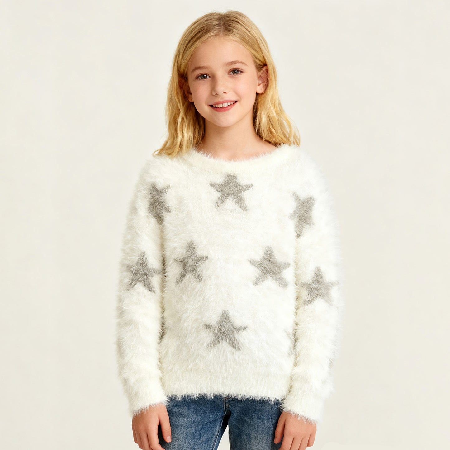girls-fuzzy-star-print-sweater-ivory-gray-soft-plush-kids-winter-pullover
