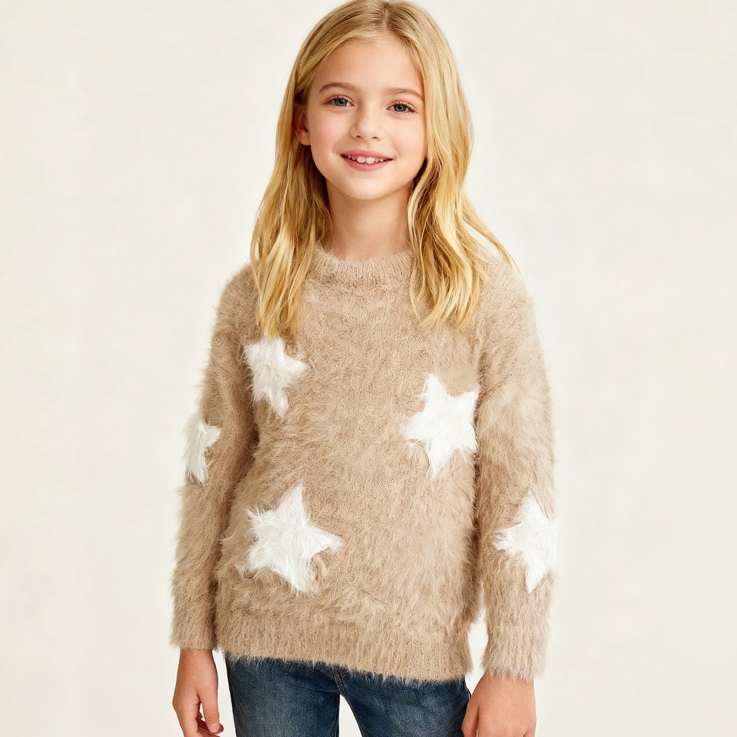 girls-fuzzy-star-print-sweater-camel-white-soft-plush-kids-winter-pullover
