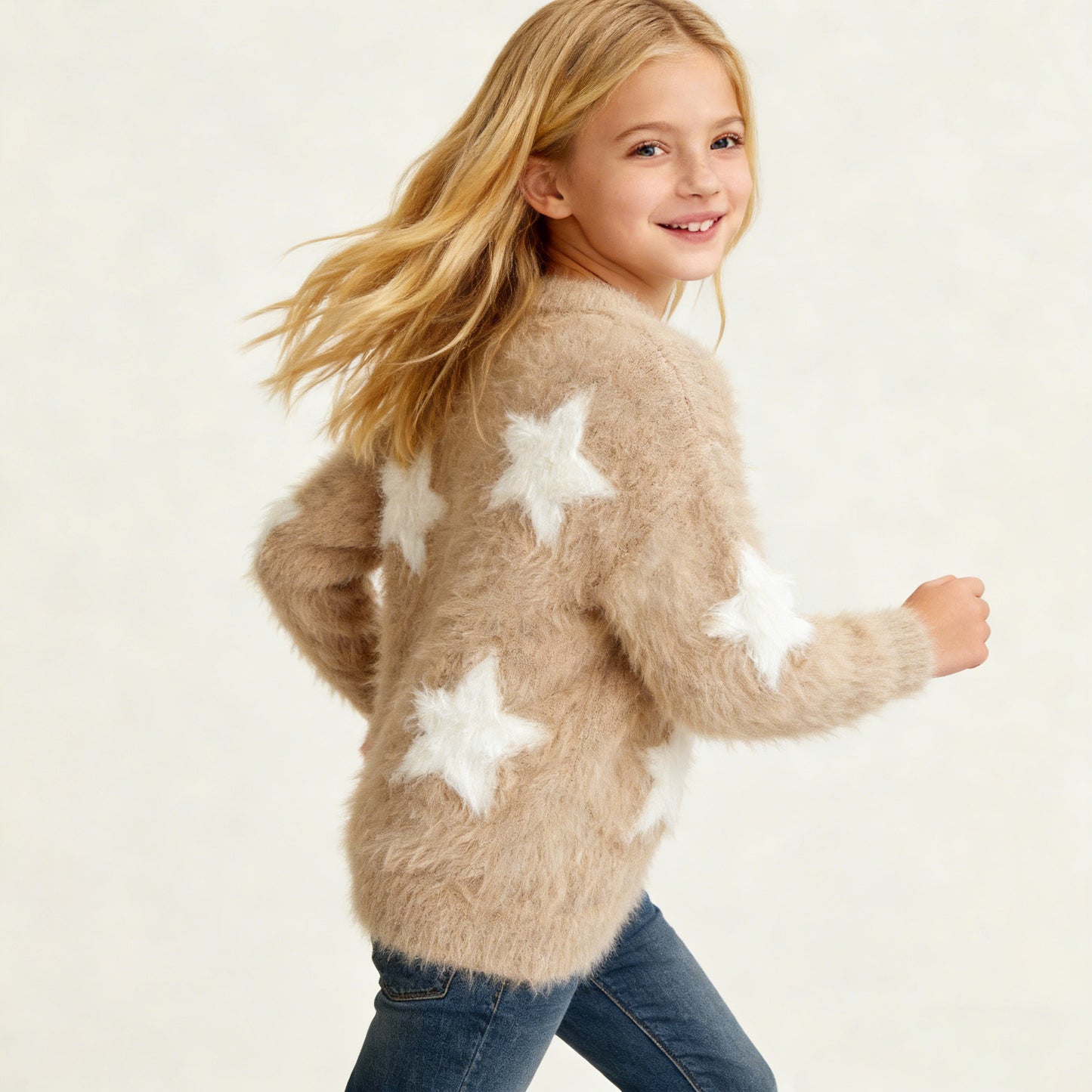 girls-fuzzy-star-print-sweater-camel-white-soft-plush-kids-winter-pullover
