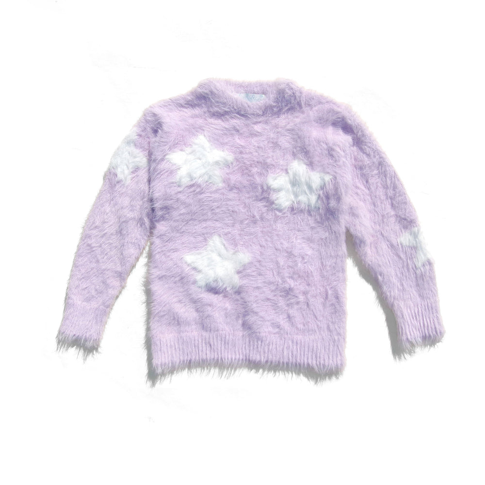 Girls' Lavender Fluffy Knit Sweater with White Stars