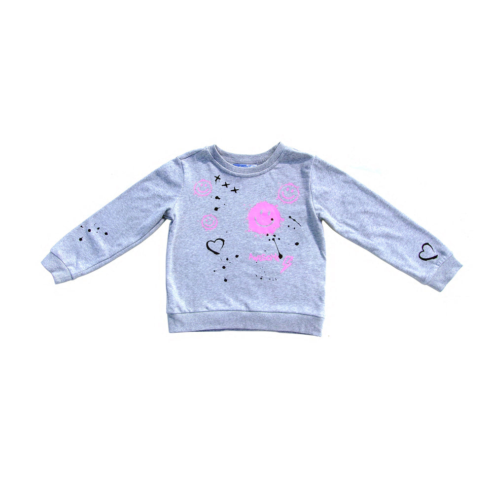 Girls' Grey Sweatshirt with Pink Smiley Face & Heart Print