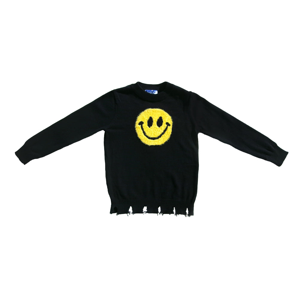 Girls' Black Smiley Face Sweater with Distressed Hem