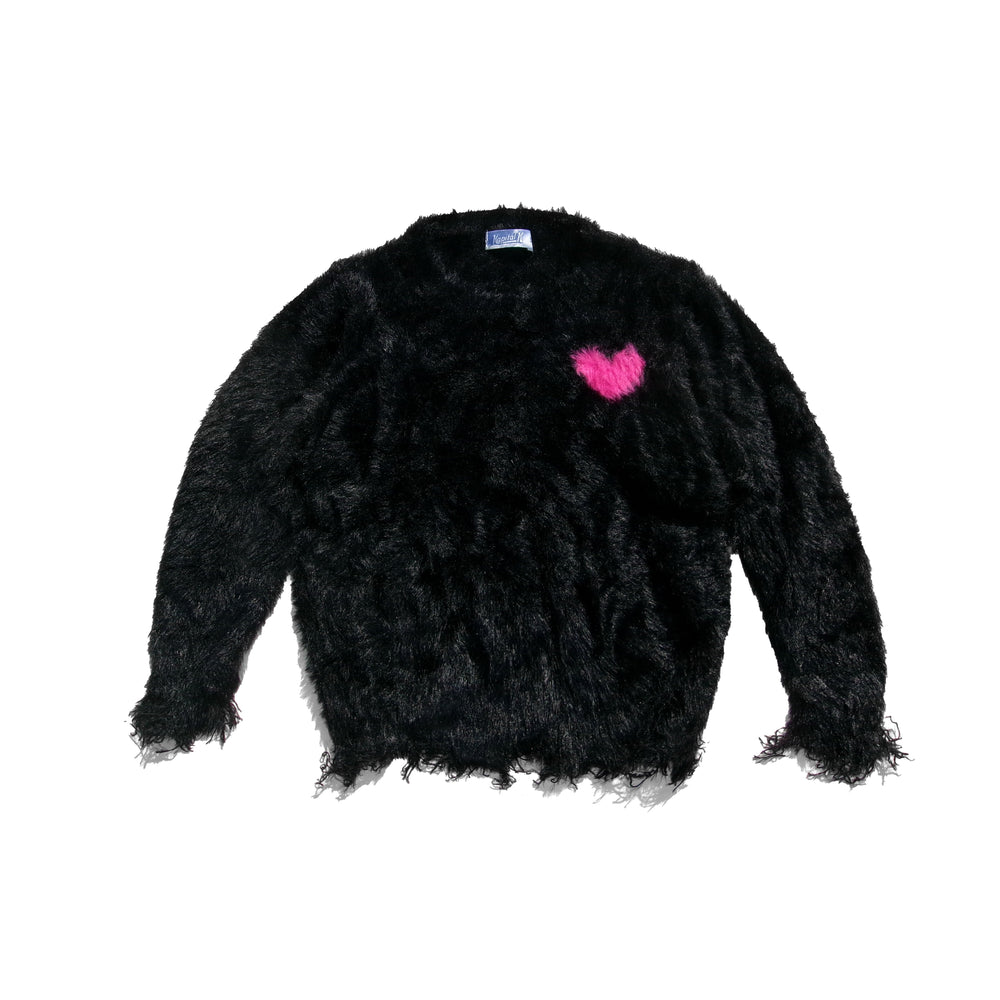 Girls' Black Eyelash Knit Sweater with Pink Heart