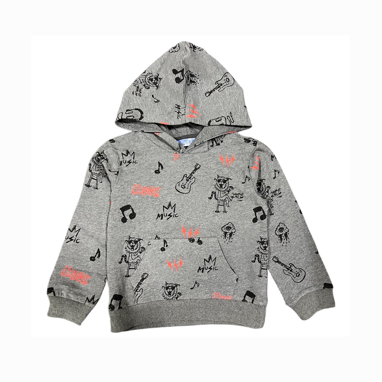 Gray Kids Hoodie with Rock Music Theme – Guitars, Cartoon Musicians, and Lightning Bolts