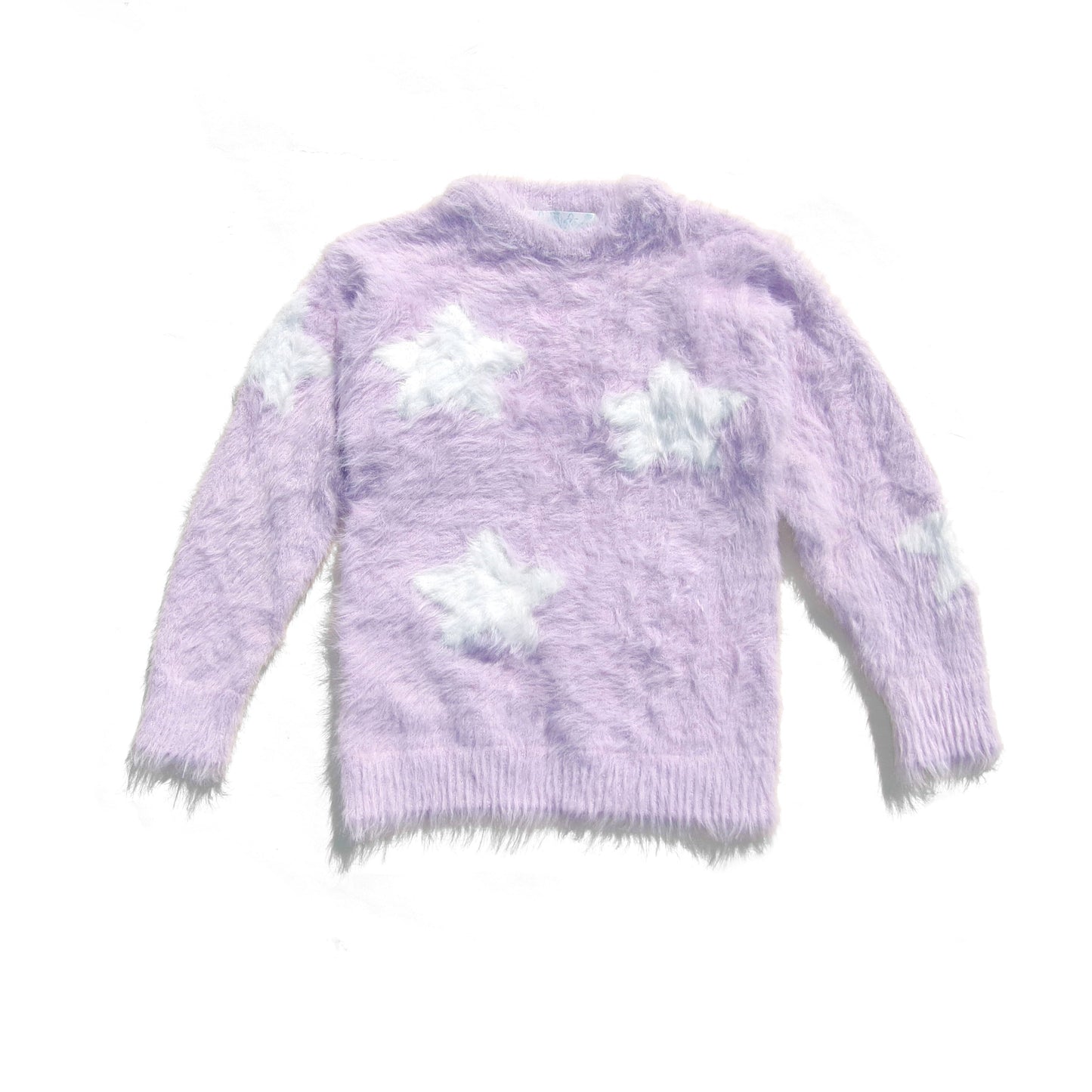 Lavender girl's eyelash sweater with white star pattern, soft fuzzy texture for winter warmth