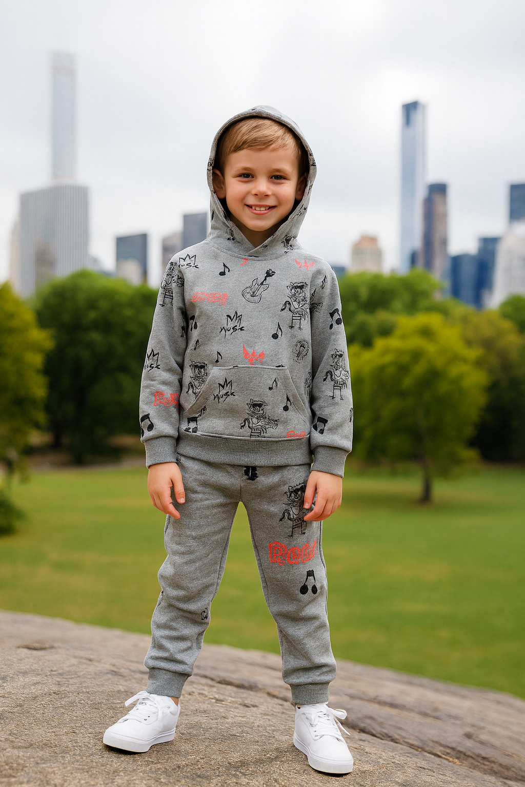 Gray Kids Hoodie with Rock Music Theme – Guitars, Cartoon Musicians, and Lightning Bolts