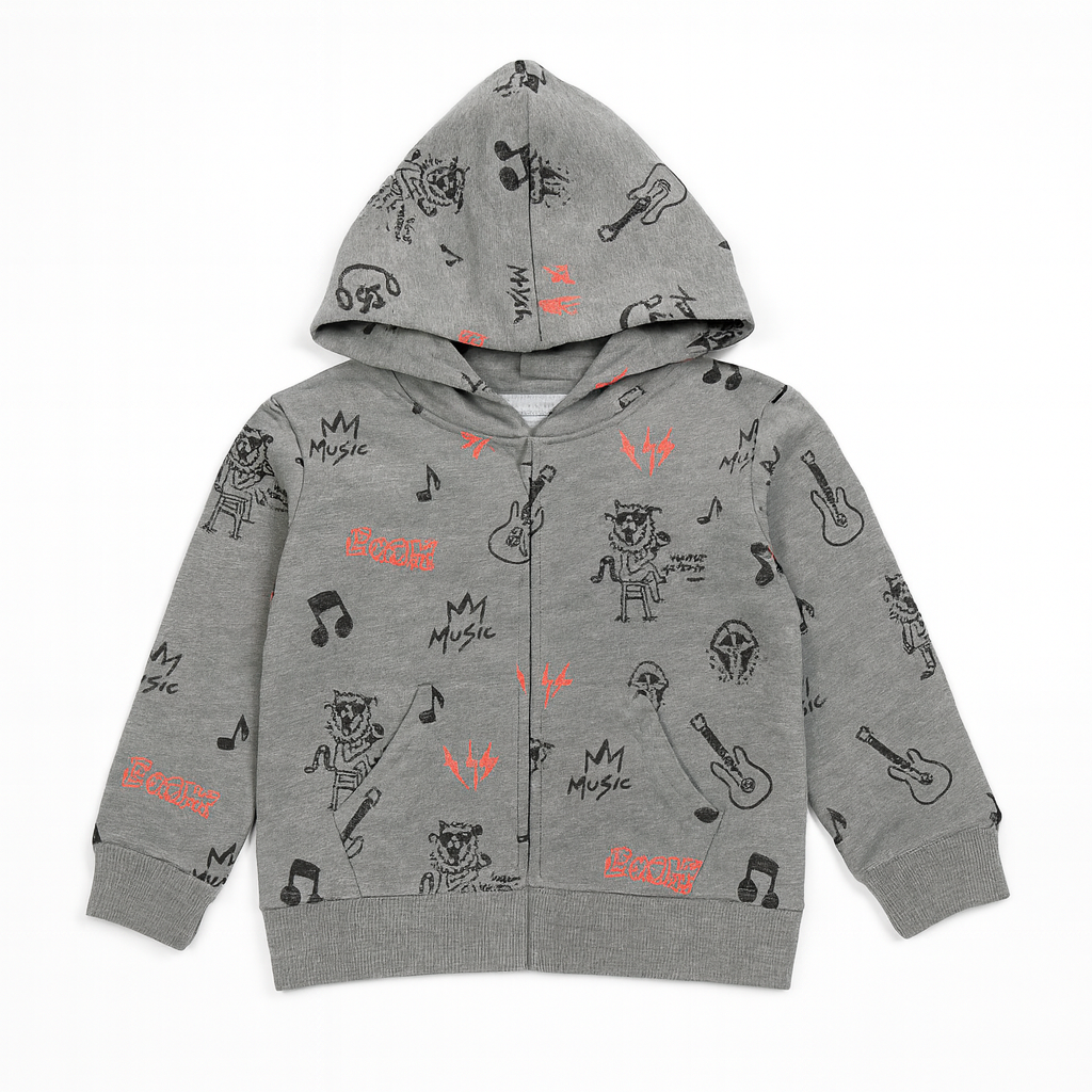 Gray Kids Hoodie with Rock Music Theme – Guitars, Cartoon Musicians, and Lightning Bolts