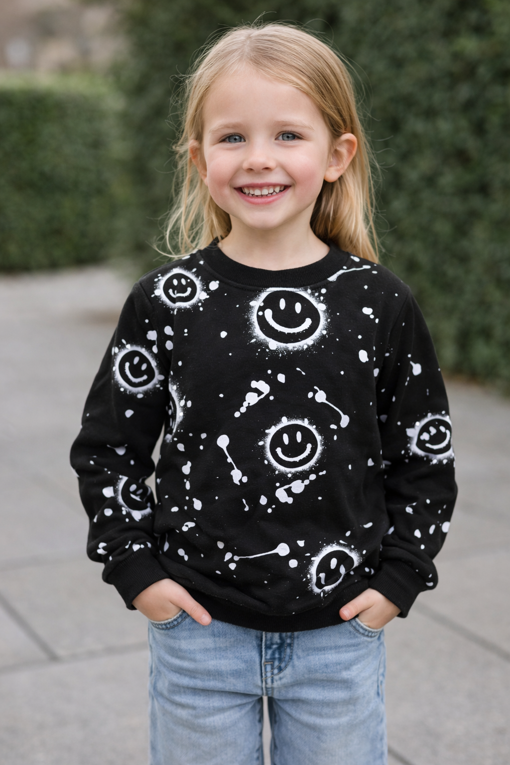 Girls black sweatshirt with white smiley face paint splatter print, long sleeve kids pullover top